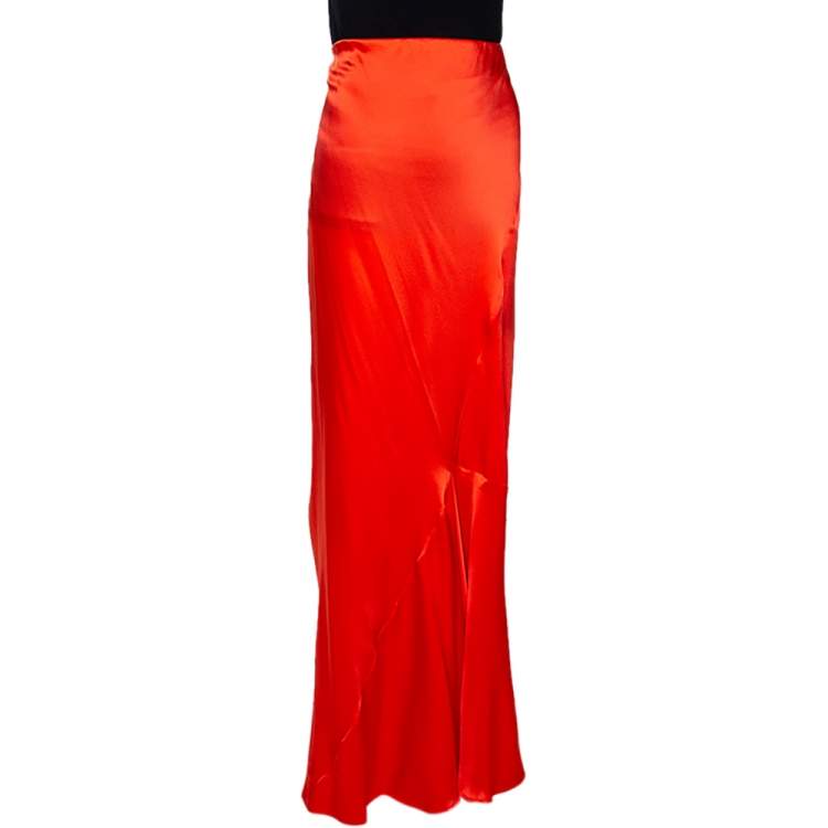 مملوكة مسبقًا Roberto Cavalli Bright Orange Satin Silk Flared Maxi Skirt L