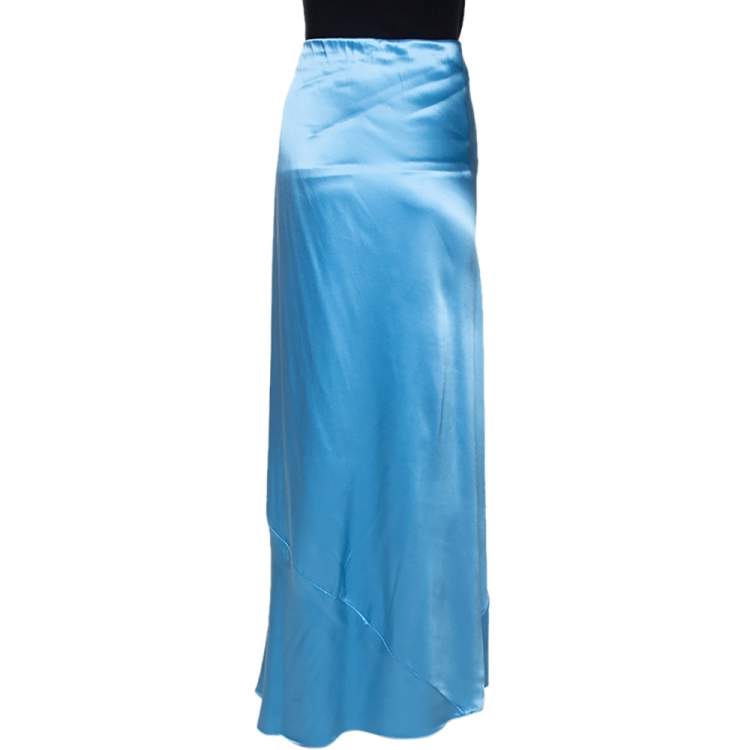 Pre Owned Roberto Cavalli Powder Blue Satin Silk Flared Maxi Skirt L