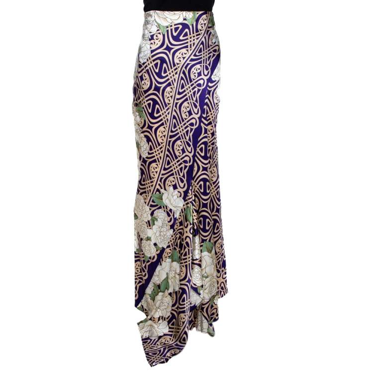 Pre Owned Roberto Cavalli Purple Floral Print Silk Satin Flared Maxi Skirt L