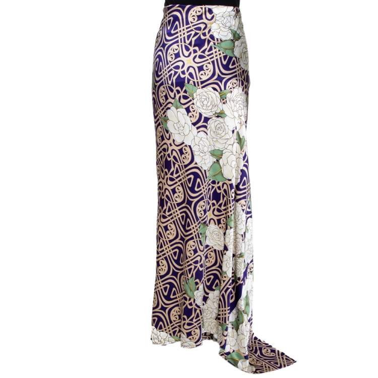 Pre Owned Roberto Cavalli Purple Floral Print Silk Satin Flared Maxi Skirt L