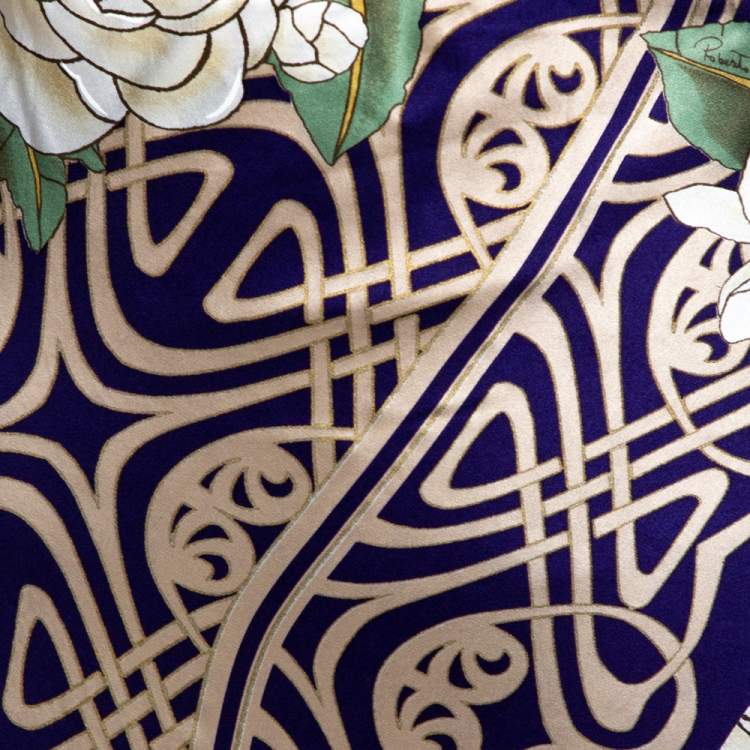 Pre Owned Roberto Cavalli Purple Floral Print Silk Satin Flared Maxi Skirt L