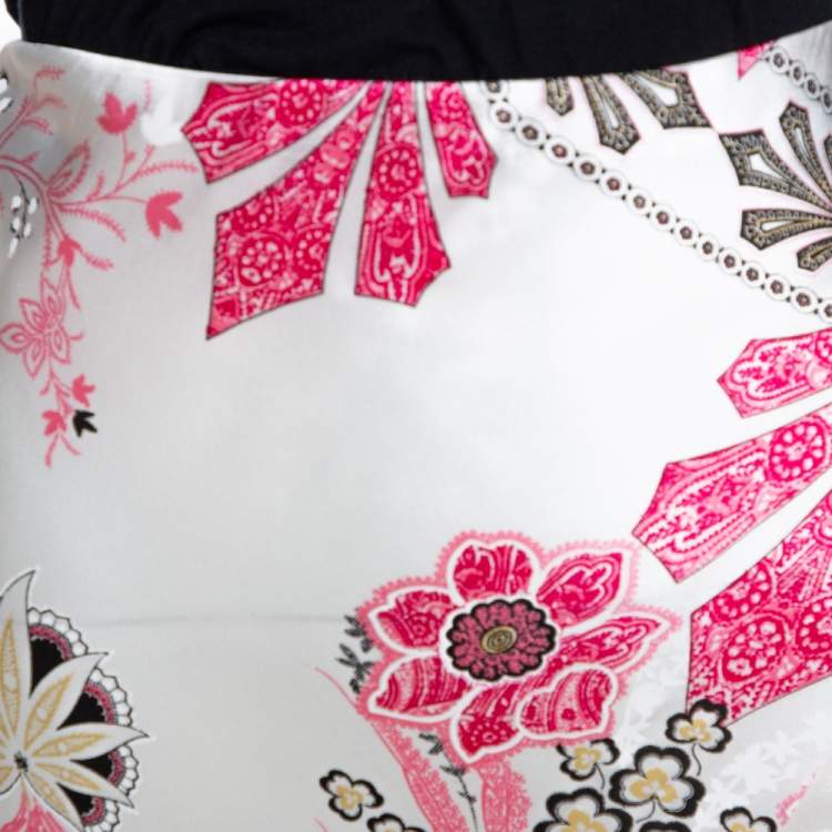 Pre Owned Roberto Cavalli Pearl White & Pink Floral Print Silk Asymmetric Hem Skirt L