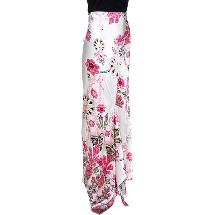 Pre Owned Roberto Cavalli Pearl White & Pink Floral Print Silk Asymmetric Hem Skirt L