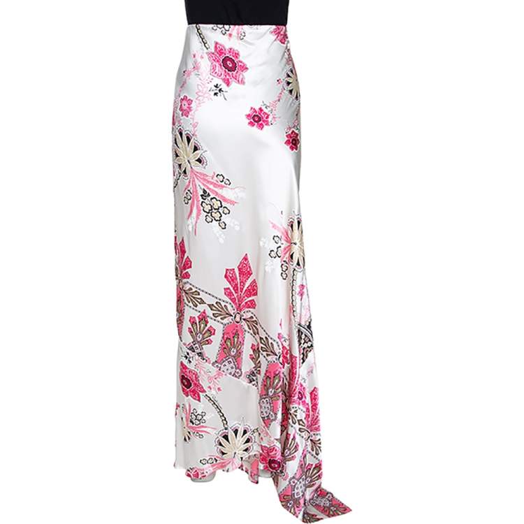 Pre Owned Roberto Cavalli Pearl White & Pink Floral Print Silk Asymmetric Hem Skirt L