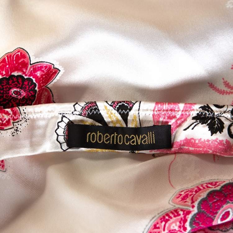 Pre Owned Roberto Cavalli Pearl White & Pink Floral Print Silk Asymmetric Hem Skirt L