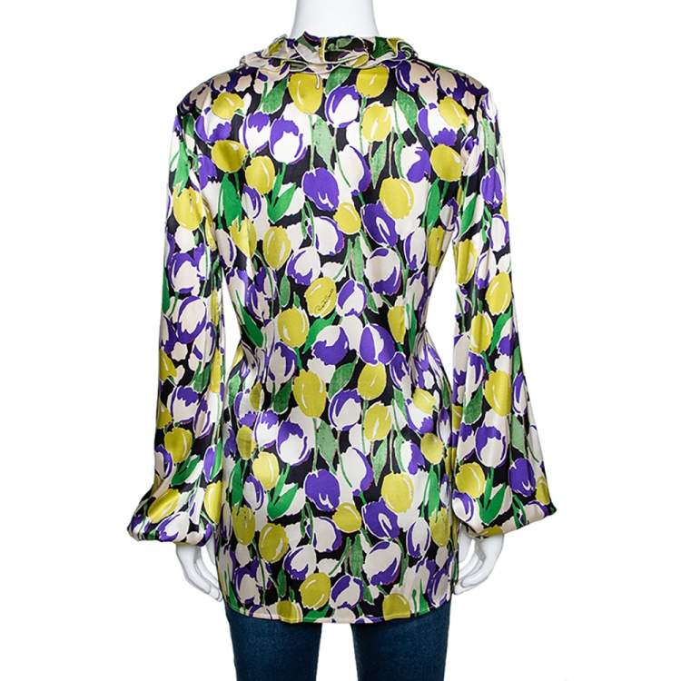 Pre Owned Roberto Cavalli Multicolor Tulip Printed Silk Ruffled Top M