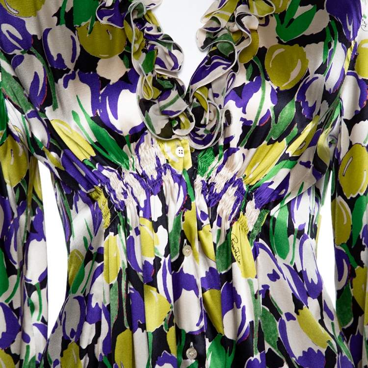 Pre Owned Roberto Cavalli Multicolor Tulip Printed Silk Ruffled Top M