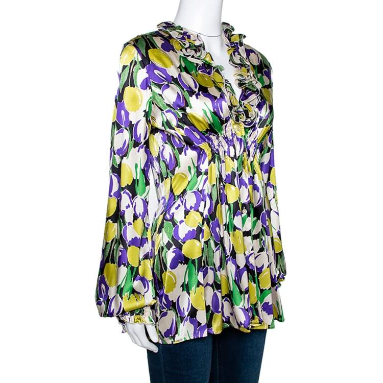 Pre Owned Roberto Cavalli Multicolor Tulip Printed Silk Ruffled Top M
