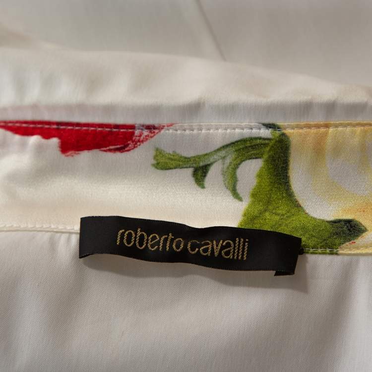Pre Owned Roberto Cavalli Cream Stretch Cotton Contrast Floral Trim Shirt L 