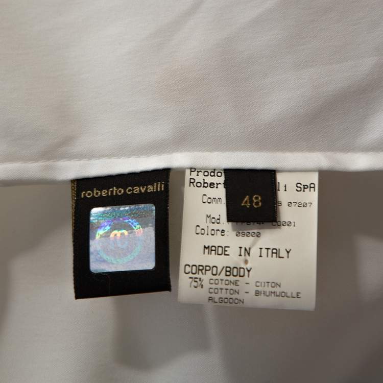 Pre Owned Roberto Cavalli Cream Stretch Cotton Contrast Floral Trim Shirt L 