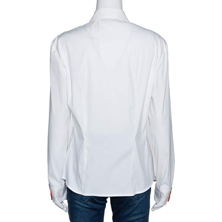 Pre Owned Roberto Cavalli Cream Stretch Cotton Contrast Floral Trim Shirt L 