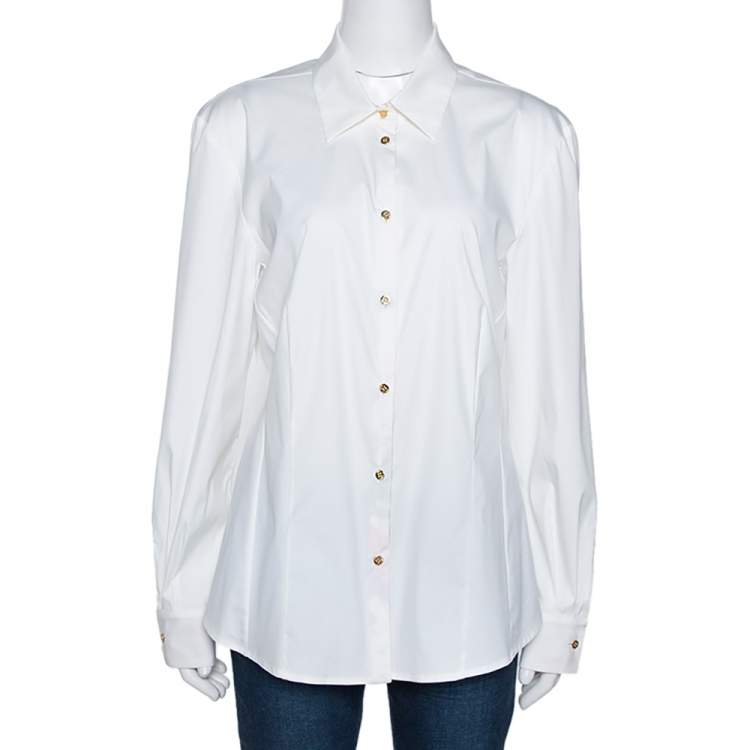 Pre Owned Roberto Cavalli Cream Stretch Cotton Contrast Floral Trim Shirt L 