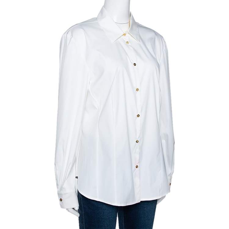 Pre Owned Roberto Cavalli Cream Stretch Cotton Contrast Floral Trim Shirt L 