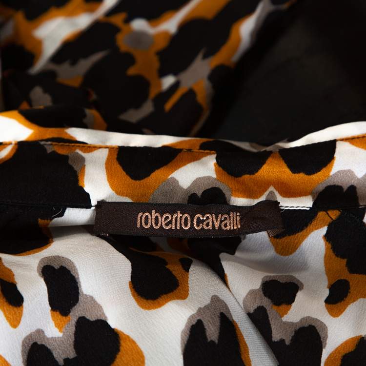 Pre Owned Roberto Cavalli Tricolor Silk Animal Print Ruched Sleeve Blouse M