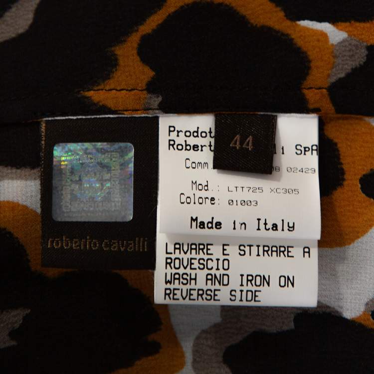 Pre Owned Roberto Cavalli Tricolor Silk Animal Print Ruched Sleeve Blouse M