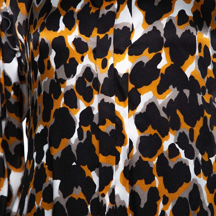 Pre Owned Roberto Cavalli Tricolor Silk Animal Print Ruched Sleeve Blouse M