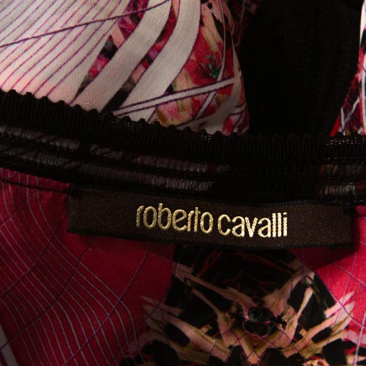 Pre Owned Roberto Cavalli Pink Silk & Contrast Knit Trim Printed Tunic L