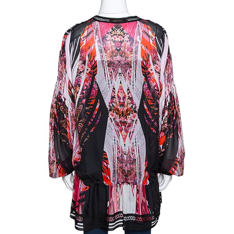 Pre Owned Roberto Cavalli Pink Silk & Contrast Knit Trim Printed Tunic L