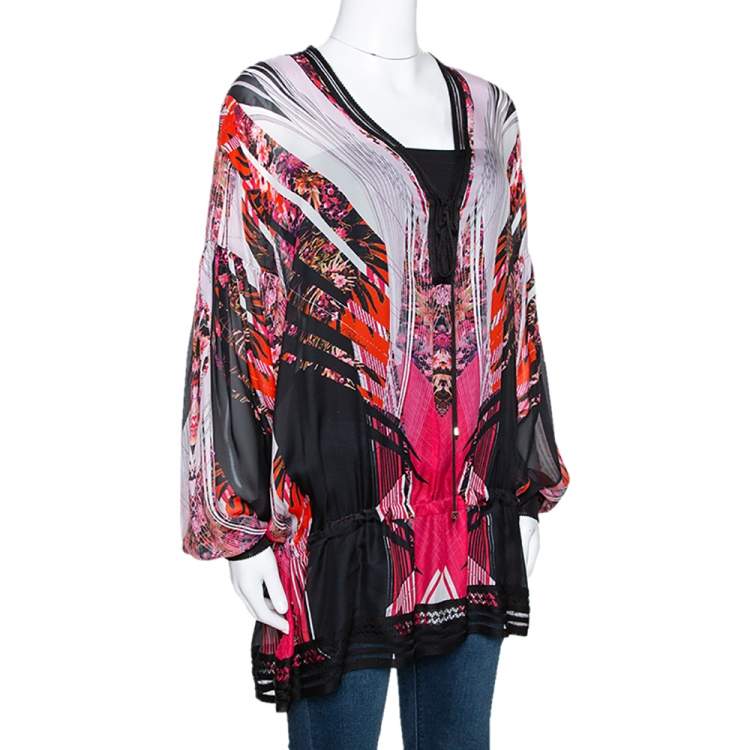Pre Owned Roberto Cavalli Pink Silk & Contrast Knit Trim Printed Tunic L