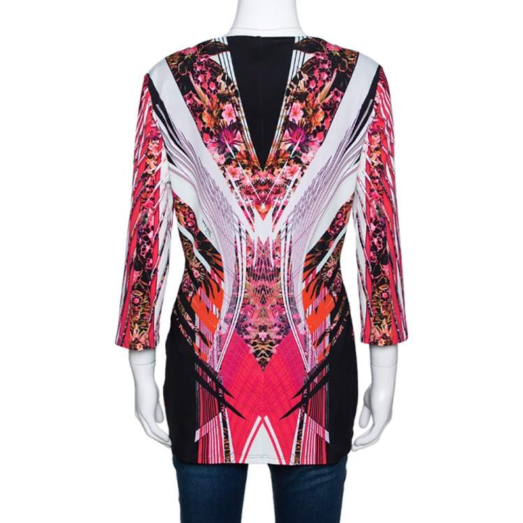 Pre Owned Roberto Cavalli Black Floral Print Jersey Lace Trim Top L