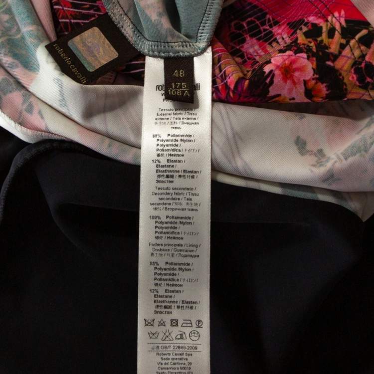 Pre Owned Roberto Cavalli Black Floral Print Jersey Lace Trim Top L
