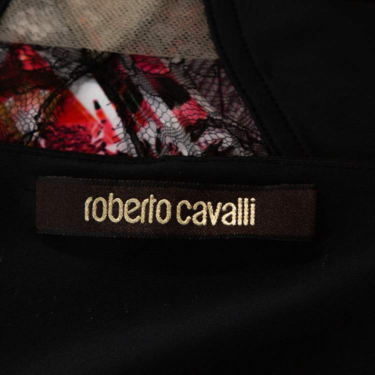 Pre Owned Roberto Cavalli Black Floral Print Jersey Lace Trim Top L