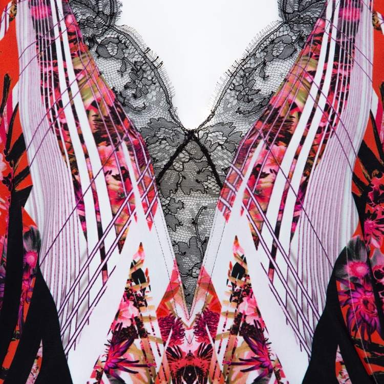 Pre Owned Roberto Cavalli Black Floral Print Jersey Lace Trim Top L