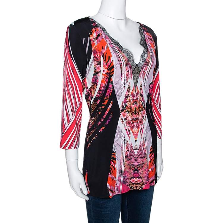 Pre Owned Roberto Cavalli Black Floral Print Jersey Lace Trim Top L