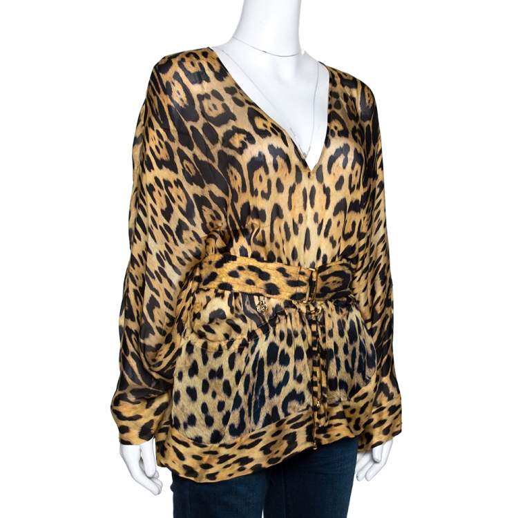 Pre Owned Roberto Cavalli Beige Leopard Print Silk Belted Kaftan M
