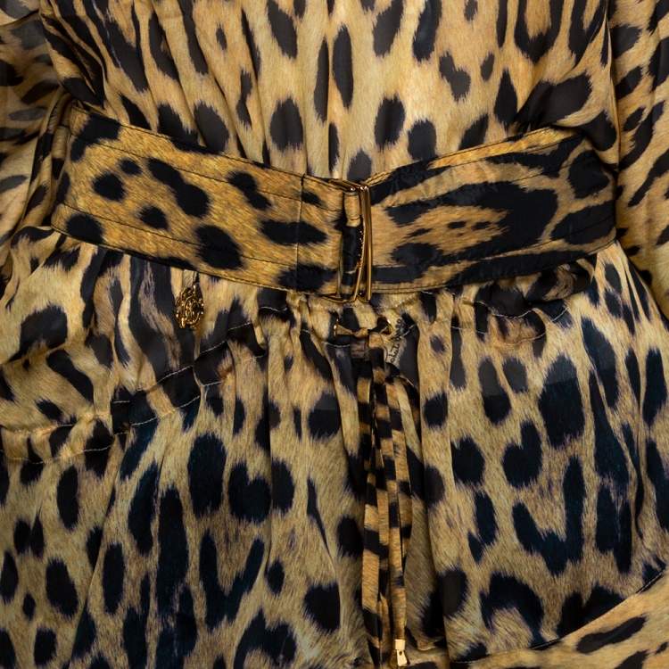Pre Owned Roberto Cavalli Beige Leopard Print Silk Belted Kaftan M