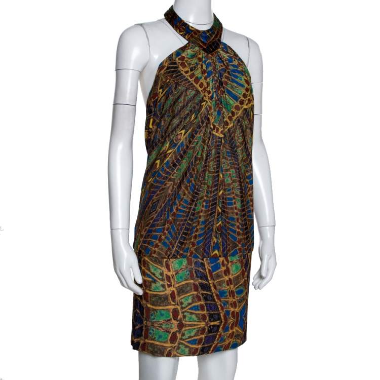 Pre Owned Roberto Cavalli Multicolor Printed Silk Mini Halter Dress M