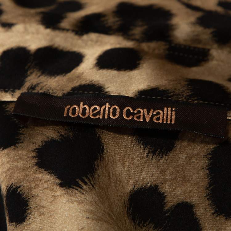 Pre Owned Roberto Cavalli Beige Leopard Print Stretch Silk Satin Shirt L