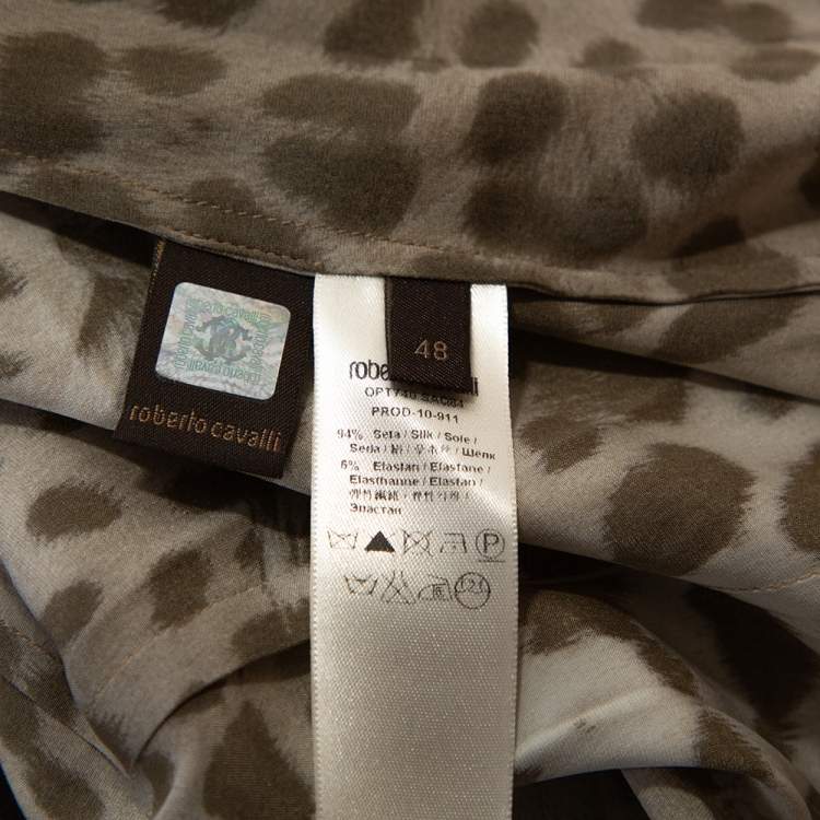 Pre Owned Roberto Cavalli Beige Leopard Print Stretch Silk Satin Shirt L
