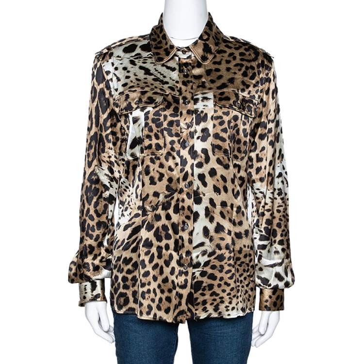 Pre Owned Roberto Cavalli Beige Leopard Print Stretch Silk Satin Shirt L