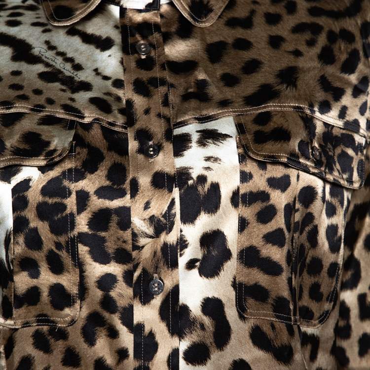Pre Owned Roberto Cavalli Beige Leopard Print Stretch Silk Satin Shirt L