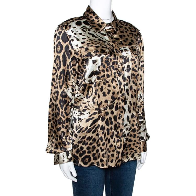 Pre Owned Roberto Cavalli Beige Leopard Print Stretch Silk Satin Shirt L