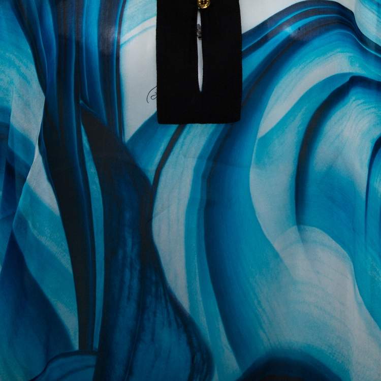 مملوكة مسبقًا Roberto Cavalli Blue Printed Silk Waist Tie Detail Kaftan Top L