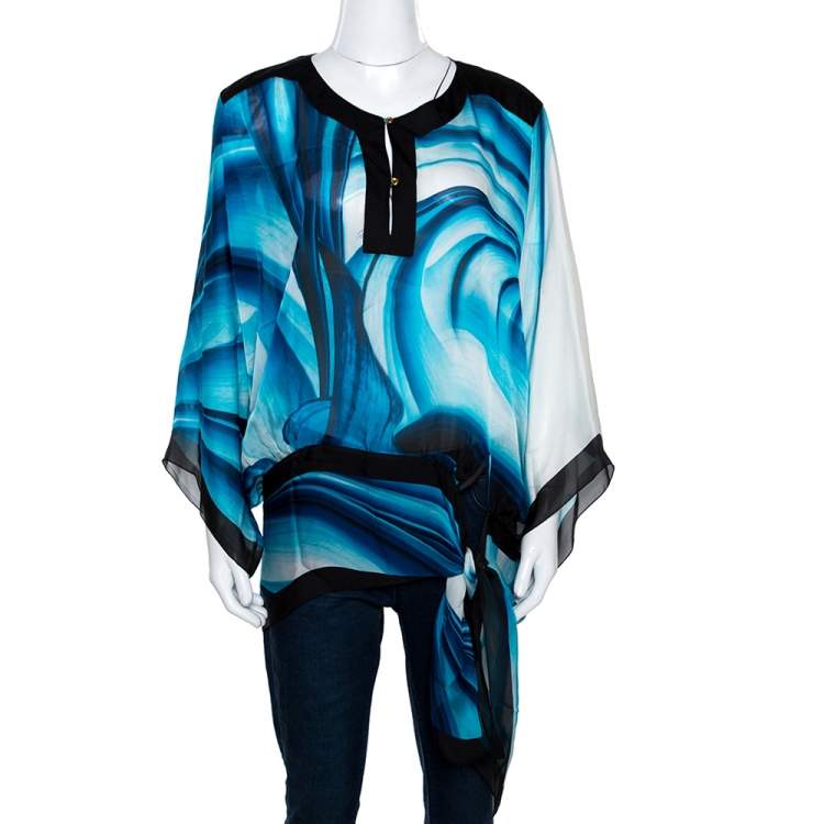 مملوكة مسبقًا Roberto Cavalli Blue Printed Silk Waist Tie Detail Kaftan Top L