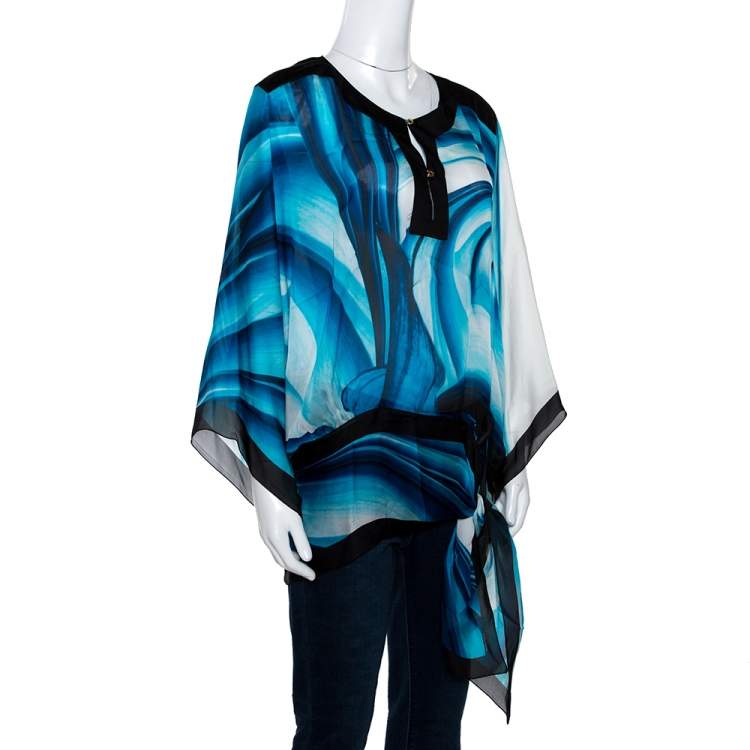 مملوكة مسبقًا Roberto Cavalli Blue Printed Silk Waist Tie Detail Kaftan Top L