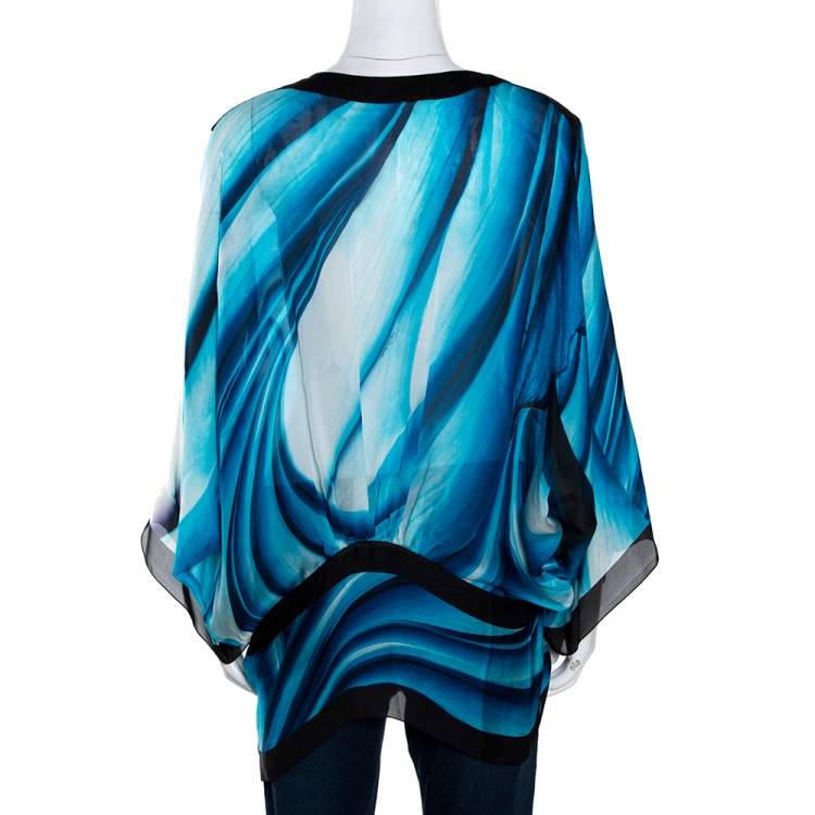 مملوكة مسبقًا Roberto Cavalli Blue Printed Silk Waist Tie Detail Kaftan Top L