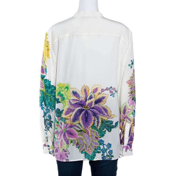 Pre Owned Roberto Cavalli Off White Floral Print Silk Long Sleeve Shirt L