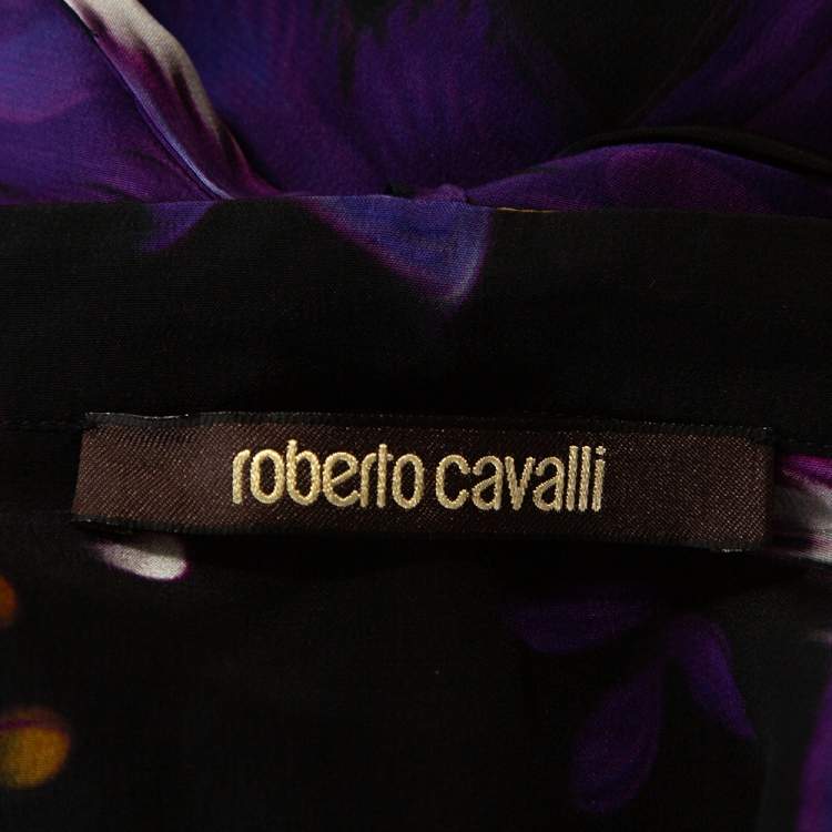 Pre Owned Roberto Cavalli Purple Floral Print Silk Neck Tie Detail Blouse L