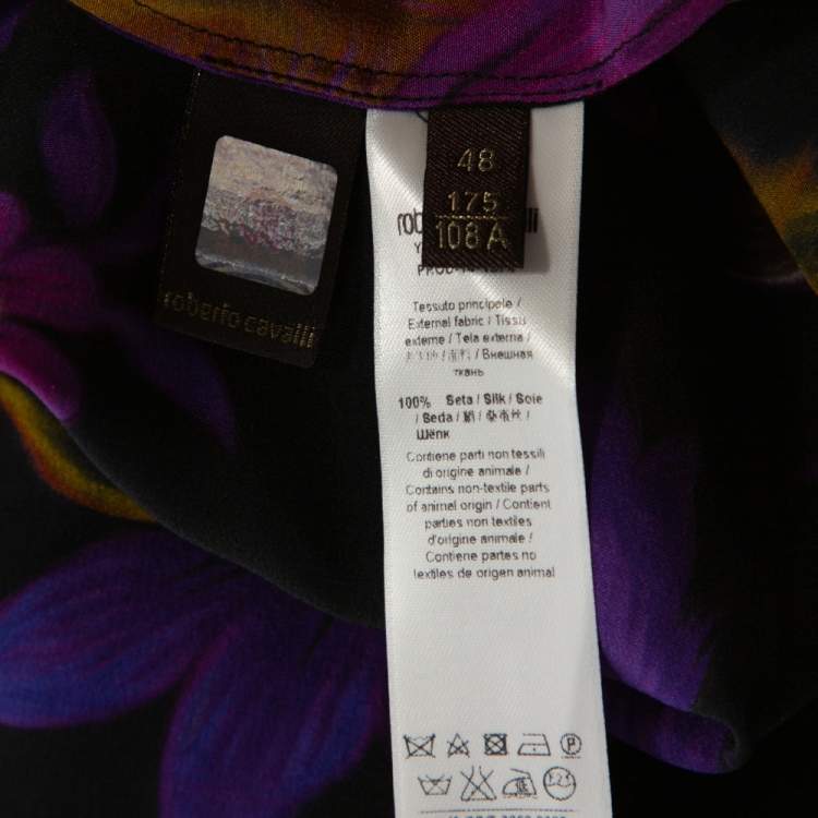 Pre Owned Roberto Cavalli Purple Floral Print Silk Neck Tie Detail Blouse L