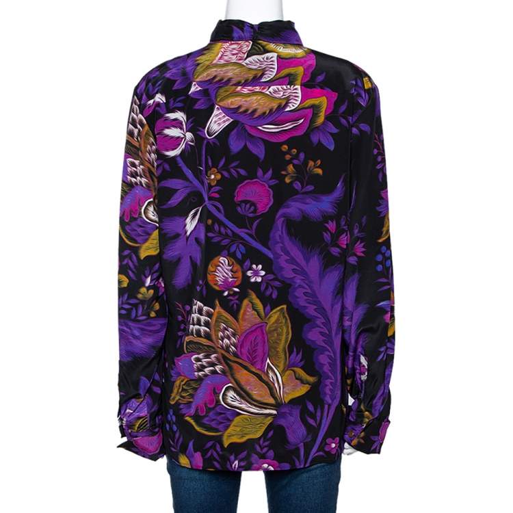 Pre Owned Roberto Cavalli Purple Floral Print Silk Neck Tie Detail Blouse L