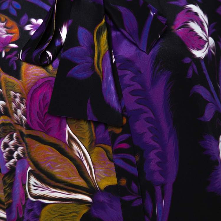 Pre Owned Roberto Cavalli Purple Floral Print Silk Neck Tie Detail Blouse L