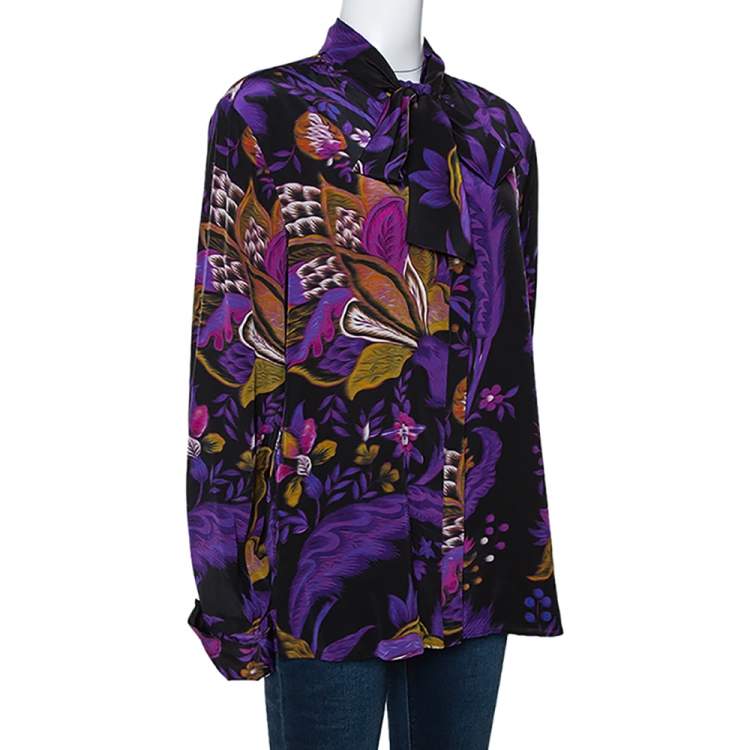 Pre Owned Roberto Cavalli Purple Floral Print Silk Neck Tie Detail Blouse L