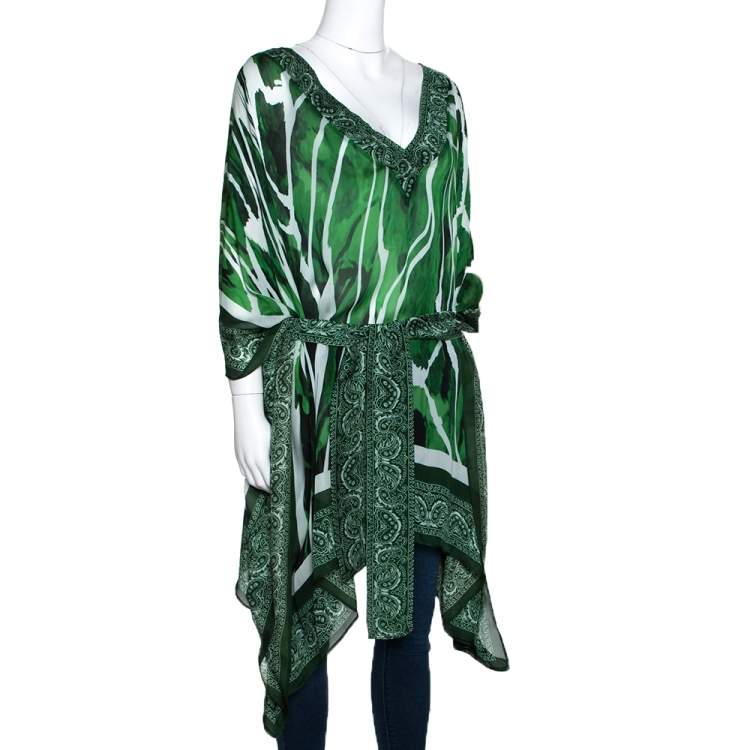 Pre Owned Roberto Cavalli Green Paisley Print Silk Belted Kaftan Top M