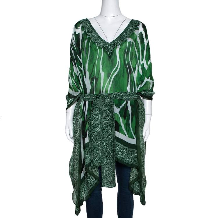 Pre Owned Roberto Cavalli Green Paisley Print Silk Belted Kaftan Top M