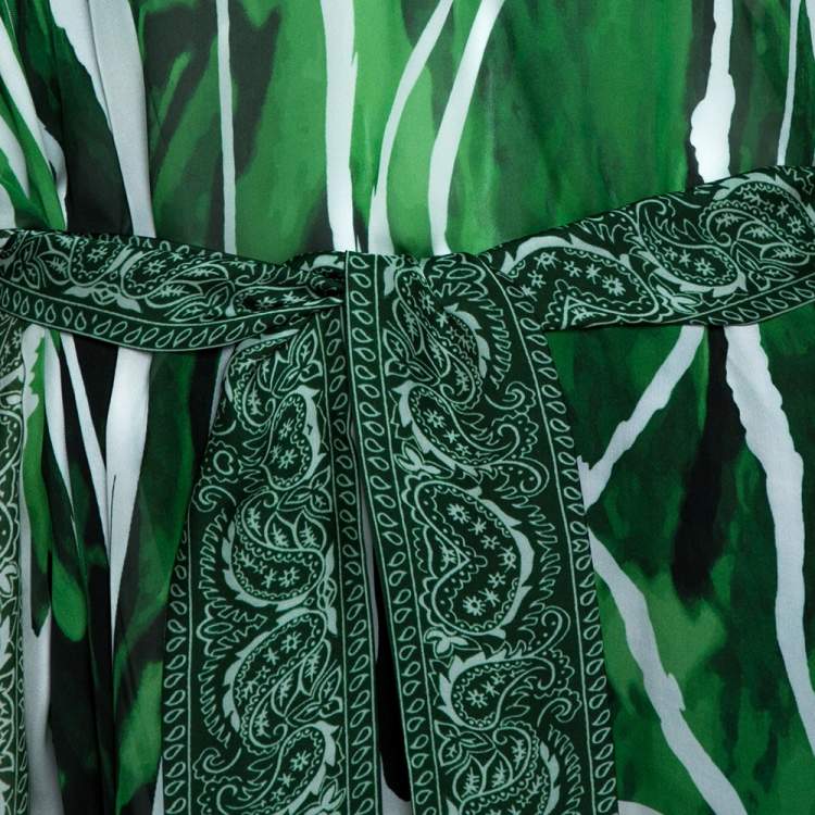Pre Owned Roberto Cavalli Green Paisley Print Silk Belted Kaftan Top M