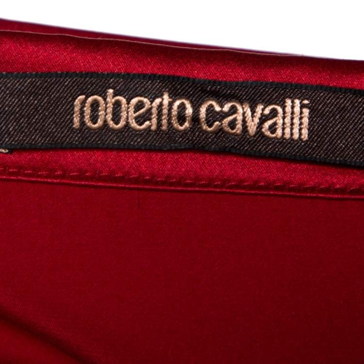 Pre Owned Roberto Cavalli Red Silk Satin Flared Maxi Skirt L